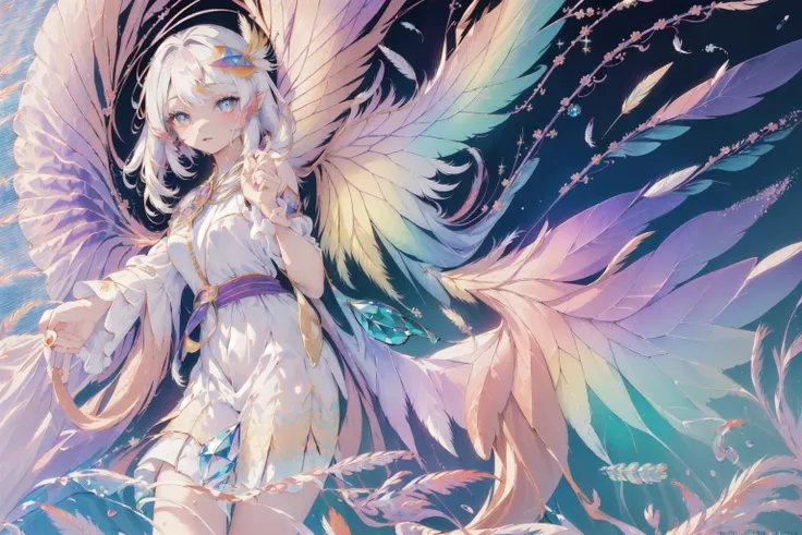(kaleidoscope:1.4), (masterpiece:1.4), (best quality:1.4), (very cute 1girl, solo, ultra-detailed face, jewel-like eye, colorful gradation white long hair:1.4),
BREAK,
(detailed background:1.4), ultra-detailed background, (Water Effects, Light Effects, Fluttering Feathers, crystal:1.4),
BREAK,
(perfect hand:1.4), (perfect 4 long fingers and perfect short thumb:1.4), (thumb shorter than other 4 fingers:1.4),