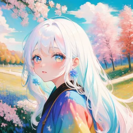 landscape oil painting by Monet, very cute girl, detailed anime-style face, slanted cute eyes, pure white hair colored with colorful color wax here and there, Colorful gradation hair, Colorful paint explosion pattern,