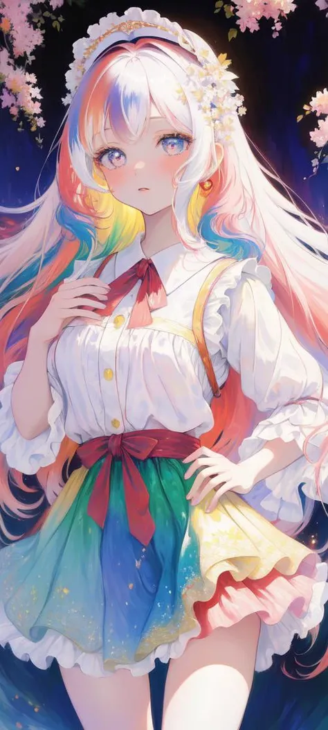 masterpiece, best quality, (very vague Impressionist landscape portrait by Monet:1.1), very cute girl, (detailed anime-style face:1.4), (detailed slanted cute eyes:1.4), (pure white very long hair colored with colorful color wax here and there:1.4), detailed jewel-like pink eyes, wearing red mini-skirt, Colorful gradation hair, Colorful paint explosion pattern, __background__, __angle__, __pose__