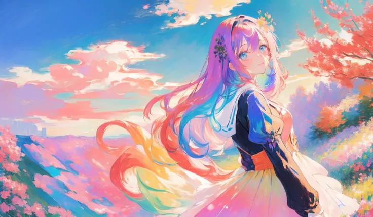 landscape portrait by Monet, very cute girl walking, (detailed anime-style face:1.4), (detailed slanted cute eyes:1.4), __color1__ __length__ hair colored with colorful color wax here and there, __color2__ eyes, Colorful gradation hair, Colorful paint explosion pattern,