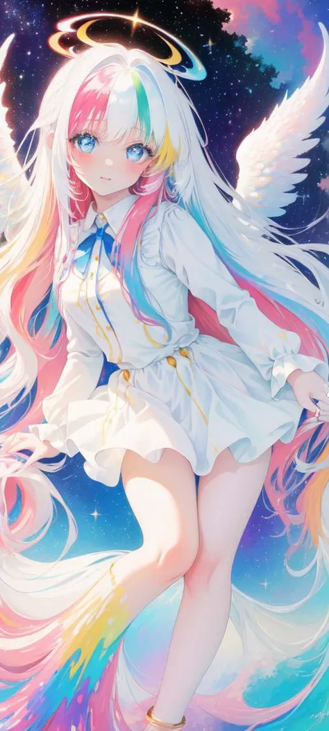 masterpiece, best quality, (very vague Impressionist landscape portrait by Monet:1.1), very cute angel girl, (ring of angels:1.4), angel wing, (detailed anime-style face:1.4), (detailed slanted cute eyes:1.4), (pure white very long hair colored with colorful color wax here and there:1.4), inner hair colored, detailed jewel-like pink eyes, school uniform, wearing white mini-skirt, (Colorful gradation hair:1.4), (Colorful paint explosion pattern:1.1), __background__, __angle__, __pose__