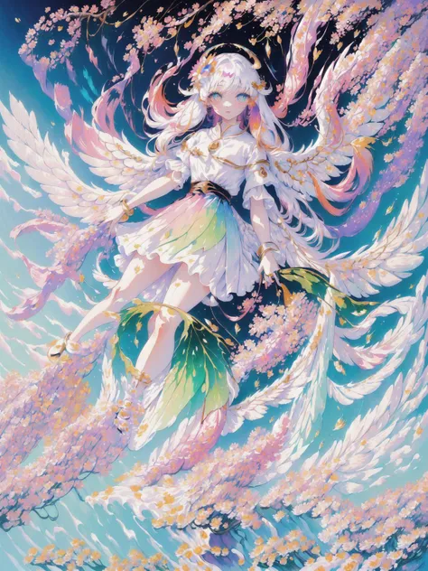 (masterpiece:1.4), (best quality:1.4), (very cute 1girl angel, ultra-detailed face, jewel-like eye, white very long hair, colorful gradation hair:1.4), (ring of angels:1.4), (angel wings:1.4), 
BREAK,
(detailed background:1.4), ultra-detailed background, (Light Effects, Fluttering vine, floating crystal, floating cloud, floating flower:1.4),  
BREAK, 
(perfect hand:1.4), (perfect four long fingers and perfect short thumb:1.4), (thumb shorter than other four fingers:1.4),