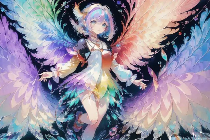(kaleidoscope:1.4), (masterpiece:1.4), (best quality:1.4), (detailed background:1.4), ultra-detailed background, (very cute 1girl, solo, jewel-like eye, colorful gradation hair:1.4), (Water Effects, Light Effects, Fluttering Feathers, crystal:1.4), full-body,
BREAK,
(ultra-detailed perfect hand:1.4), (perfect four long fingers and short thumb:1.4), (thumb shorter than other four fingers:1.4),