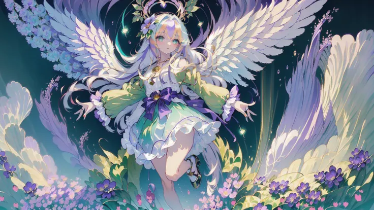 (masterpiece:1.4), (best quality:1.4), (very cute angel girl, ultra-detailed face, jewel-like eye, white very long hair, (((colorful gradation hair))):1.4), (ring of angels:1.4), (angel wings:1.4), (full-body, perfect two arms, perfect two legs:1.4)
BREAK,
(detailed background:1.4), ultra-detailed background, (green Light Effects, floating light blue cloud, floating purple flower:1.4),
BREAK,
(perfect anatomy:1.4), (perfect hand:1.4), (perfect four long fingers and perfect short thumb:1.4), (thumb shorter than other four fingers:1.4),