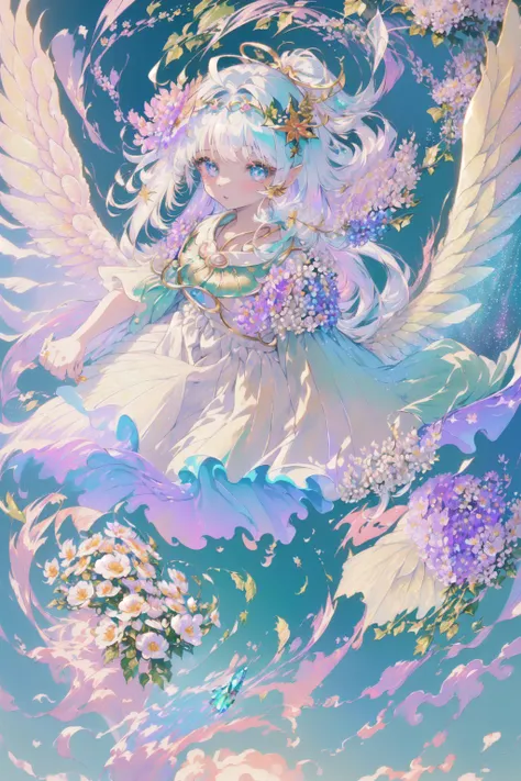 (masterpiece:1.4), (best quality:1.4), (very cute 1girl angel, ultra-detailed face, jewel-like eye, white very long hair, colorful gradation hair:1.4), (ring of angels:1.4), (angel wings:1.4),
BREAK,
(detailed background:1.4), ultra-detailed background, (Light Effects, Fluttering vine, floating crystal, floating cloud, floating flower:1.4),
BREAK,
(perfect hand:1.4), (perfect four long fingers and perfect short thumb:1.4), (thumb shorter than other four fingers:1.4),