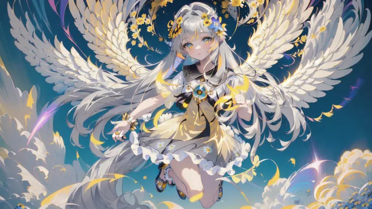 (masterpiece:1.4), (best quality:1.4), (very cute angel girl, ultra-detailed face, jewel-like eye, white very long hair, (((colorful gradation hair))):1.4), (ring of angels:1.4), (angel wings:1.4), (full-body, perfect two arms, perfect two legs:1.4)
BREAK,
(detailed background:1.4), ultra-detailed background, (yellow Light Effects, floating blue cloud, floating gray flower:1.4),
BREAK,
(perfect anatomy:1.4), (perfect hand:1.4), (perfect four long fingers and perfect short thumb:1.4), (thumb shorter than other four fingers:1.4),