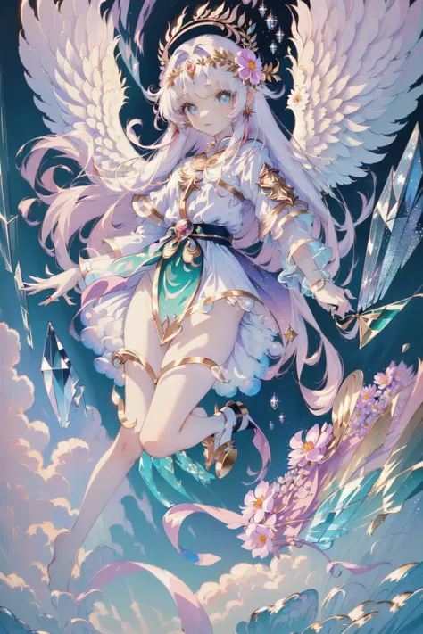 (masterpiece:1.4), (best quality:1.4), (very cute angel girl, ultra-detailed face, jewel-like eye, white very long hair, colorful gradation hair:1.4), (ring of angels:1.4), (angel wings:1.4), (full-body, perfect two arms, perfect two legs:1.4)
BREAK,
(detailed background:1.4), ultra-detailed background, (Light Effects, floating crystal, floating cloud, floating flower:1.4),
BREAK,
(perfect anatomy:1.4), (perfect hand:1.4), (perfect four long fingers and perfect short thumb:1.4), (thumb shorter than other four fingers:1.4),