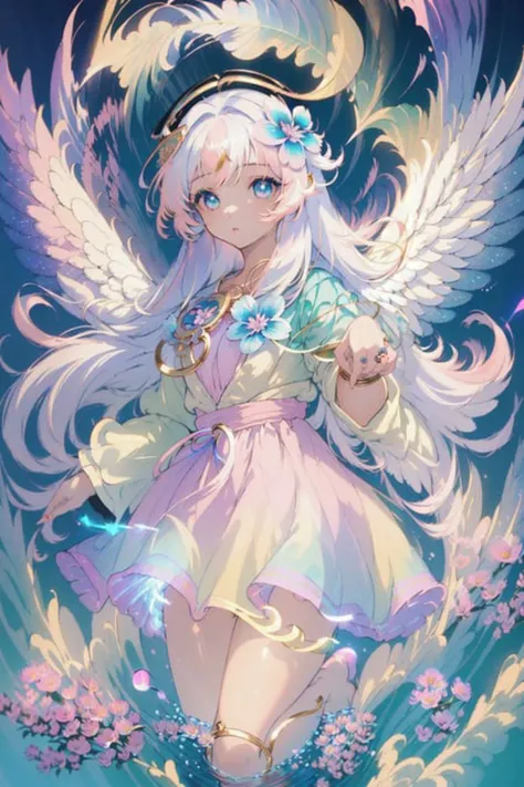 (masterpiece:1.4), (best quality:1.4), (very cute angel girl, ultra-detailed face, jewel-like eye, white very long hair:1.4),  (colorful gradation hair:2.0), (ring of angels:1.4),  (dynamic pose:1.4), (dynamic angle:1.4),
BREAK,
(detailed background:1.4), ultra-detailed background, (purple Light Effects:1.4), (floating light blue cloud:1.4), (floating blue flower:1.4),
BREAK,
(perfect anatomy, perfect hand:1.4), (perfect five fingers:1.4), (perfect four long fingers and perfect short thumb:1.4), (thumb shorter than other four fingers:1.4), (perfect two arms:1.4), (perfect two legs:1.4),