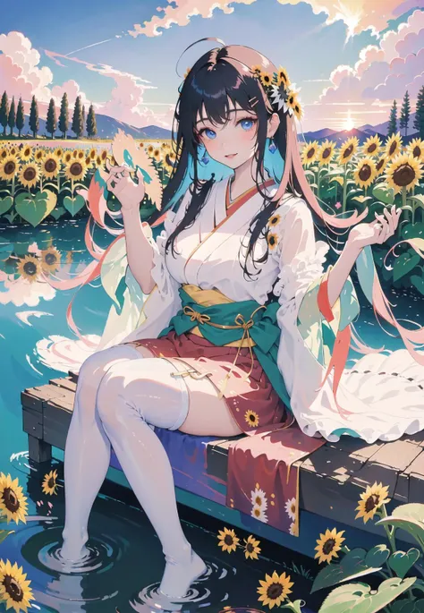 masterpiece, best quality, official art, extremely detailed CG unity 8k wallpaper, highly detailed, absurdres, shiny skin, Depth of field
BREAK
1 girl, huge breasts, sitting, serene expression, mesmerizing eyes, (sky blue hair),  straight long hair, flowing dress, poised posture, porcelain skin, subtle blush, crystal pendant, (cute pose), zooming out, Naughty smile,
BREAK
(rim lighting):1.2, warm tones, soft shadows, vibrant colors, painterly effect, dreamy atmosphere, (((red and white Japanese clothes))),
BREAK
((an extremely delicate and beautiful)), floating, (detailed light), nature, (sunlight), ((see-through white thighhighs without shoes)),
BREAK
(((outdoor, sunset, tall sunflower field, river))), savanna,  
BREAK
ribbon, ribbon trim, drop earrings, stud earrings, hairclip,
<lora:add_detail:-1> <lora:beautifuleyeslikeness_halfBody:0.32>  <lora:grapefruitHentaiModel_grapefruitv4:0.1>  <lora:goutouLora_v20:0.31>