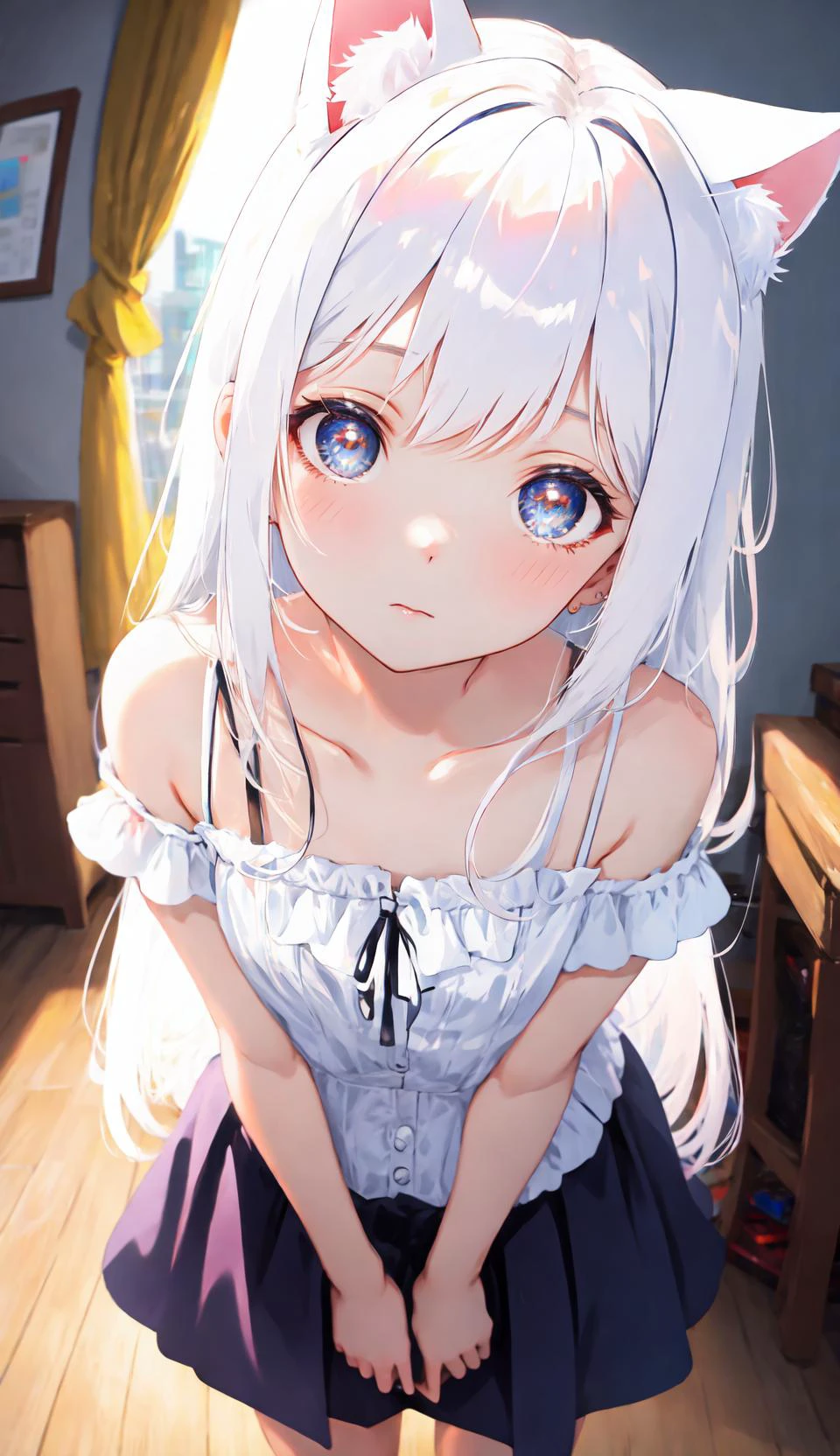 (masterpiece, high quality, highres,Highest picture quality),
BREAK
blurry background, (colorful:0.7), (eyes focus:1.2), looking at viewer, upper_body, fisheye, (indoors:1.1), cuteg, warm light, cute cat ears,
BREAK
1loli, standing, solo, ^ ^, (leaning_forward:1.1), arms_behind_back, (wide-eyed:1.1), head_tilt, bare shoulders, small breasts, long eyelashes, collarbone, (blush:0.95),
BREAK
shiny skin, shiny hair,(bright pupils:1.1),Curious,detailed eyes,hair ornament, long hair, two side up hair,white hair, upskirt, shiny eyes,
<lora:add_detail:-0.2>