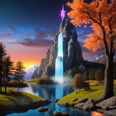 depict a cascaded landscape with low twilight red lights reflected on a beautiful lake surrounded by cascaded mountains. BREAK the tree of life illuminating red colored fumes, grounded in the middle of the lake casting its shadows across the scene. BREAK ultra-realistic, mysterious, mystical, high dynamic range, 3 dimensional.