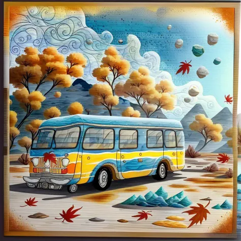 panorama, dreamy vibes art style, a van, dust deposit, backroad, maple leaves, torrid, watercolor, masterpiece, comics page, crystal clear blue sky, dusty, music, <lora:chinese-art:2>, dust, flat colors, paper texture, golden hour, old, abandoned, in memory,  finality, ending, homesickness, back view,