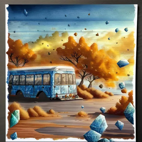 panorama, dreamy vibes art style, a van, dust deposit, backroad, maple leaves, torrid, watercolor, masterpiece, comics page, crystal clear blue sky, dusty, music, <lora:chinese-art:2>, dust, flat colors, paper texture, golden hour, old, abandoned, in memory,  finality, ending, homesickness, back view,