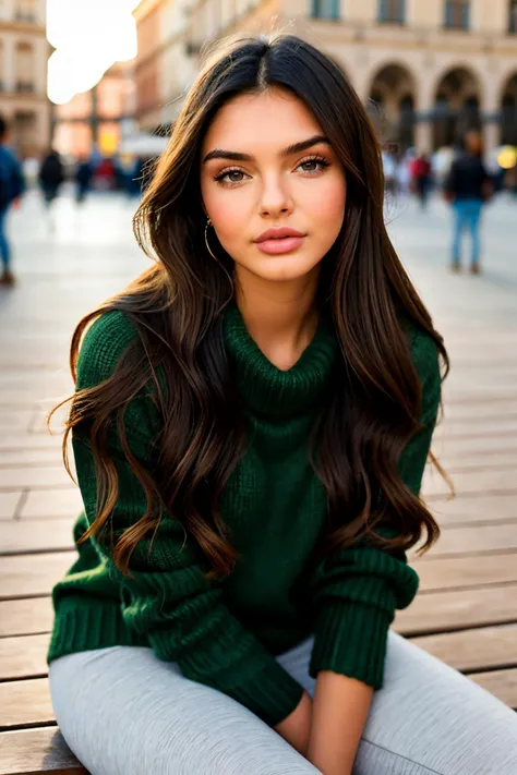 S448_EvonWahab, long hair, modern photo, (wearing large edgPO pullover, edgPO), <lora:edgPullovers:1>, (wearing leggings), (cowboy shot), (35mm, F/2.8) Photo Focus, DOF, Aperture, insanely detailed and intricate, character, hypermaximalist, beautiful, revealing, appealing, attractive, amative, hyper realistic, super detailed, beautiful girl, ((detailed eyes)), long eyelashes, (glossy lips), sitting in the city square, daytime, bright lighting, solo
