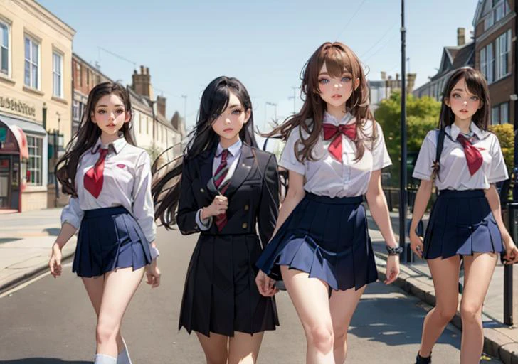 (masterpiece:1.2),art works,highres,8k,in the town of london,adorable girls,(multiple:1.2),smile,(huge breasts:0.7),perfect female body,( narrow waist),perfect round breasts,long hair,bronz brown hair,high school student,((high school wear)),during a walk,<lora:PerfectFullBreasts-fCV3.5:1>,(pureerosface_v1:1.2),