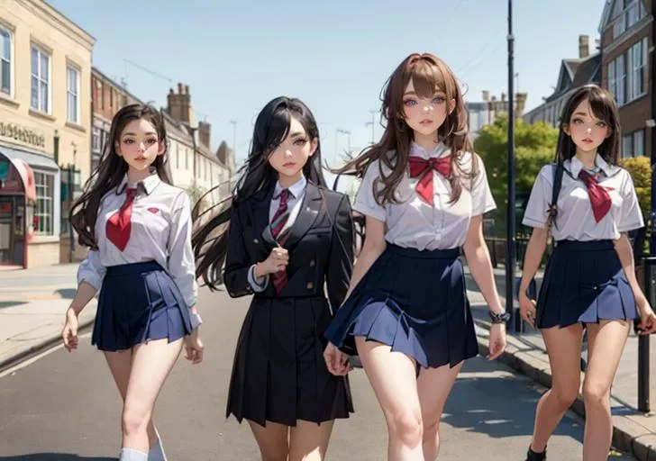 (masterpiece:1.2),art works,highres,8k,in the town of london,adorable girls,(multiple:1.2),smile,(huge breasts:0.7),perfect female body,( narrow waist),perfect round breasts,long hair,bronz brown hair,high school student,((high school wear)),during a walk,<lora:PerfectFullBreasts-fCV3.5:1>,(pureerosface_v1:1.2),