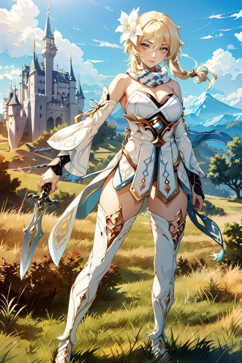 (masterpiece, best quality, ultra detailed, absurdres)1.5, 1girl, (sexy, beautiful woman, perfect face, perfect eyes, perfect female body, large breasts)1.5, (lumine \(genshin impact\), Lumine, blonde hair, hair ornament, hair flower, detached sleeves, thighhighs, sidelocks, bangs, white dress, short hair with long locks, white scarf, zettai ryouiki, <lora:Lumine_20231022175925:0.8>), (standing, outdoors, mountains in background, castle in background), perfect lighting, smooth, hdr