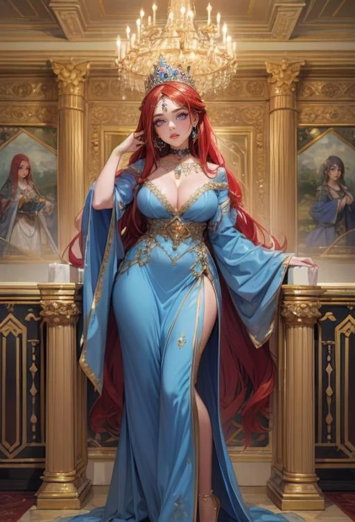 (masterpiece:1.2),8k,highres,best quality,(a beautiful palace),(beautiful Queen),crown,choker,(luxurious costumes:1.2),smile,(pureerosface v1:1.5),(perfect female body),modest exposure,elegant clothes,(silver and blue clothes:1.2),luxurious,luxurious decorations,(narrow waist:1.1),(huge breasts:0.5),
put on a robe,long hair,red hair,light on face,looking at me,<lora:PerfectFullBreasts-fCV3.5:1>,