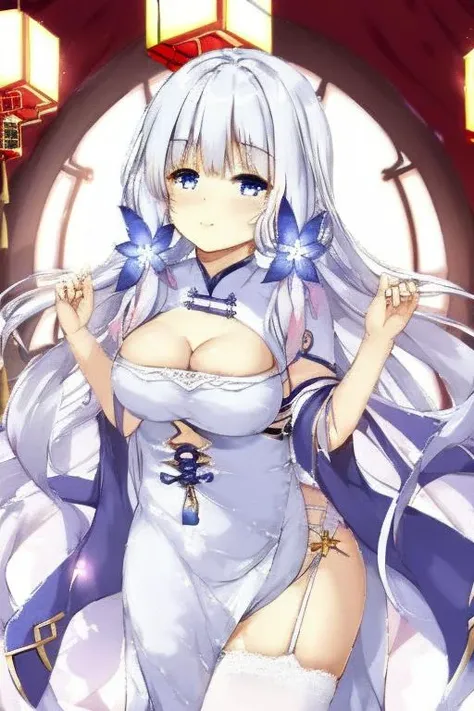 masterpiece, best quality, 1girl, illustrious (maiden lily's radiance) (azur lane), white hair, very long hair, blue eyes, hair ornaments, breasts, cleavage, china dress, chinese clothes, official alternate costume, white thighhighs, garter straps, short sleeves, simple background,