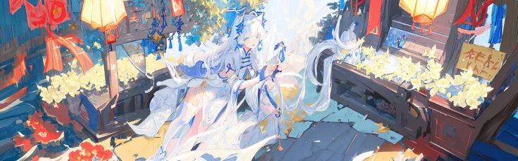 masterpiece, best quality, 1girl, illustrious (maiden lily's radiance) (azur lane), white hair, very long hair, blue eyes, hair ornaments, breasts, cleavage, china dress, chinese clothes, official alternate costume, white thighhighs, garter straps, short sleeves, simple background,