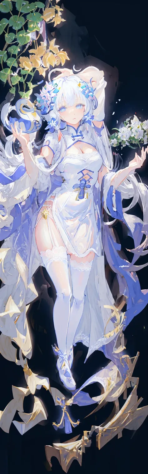 masterpiece, best quality, 1girl, illustrious (maiden lily's radiance) (azur lane), white hair, very long hair, blue eyes, hair ornaments, breasts, cleavage, china dress, chinese clothes, official alternate costume, white thighhighs, garter straps, short sleeves, simple background,