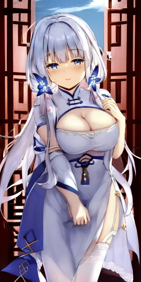 masterpiece, best quality, 1girl, illustrious (maiden lily's radiance) (azur lane), white hair, very long hair, blue eyes, hair ornaments, breasts, cleavage, china dress, chinese clothes, official alternate costume, white thighhighs, garter straps, short sleeves, simple background,