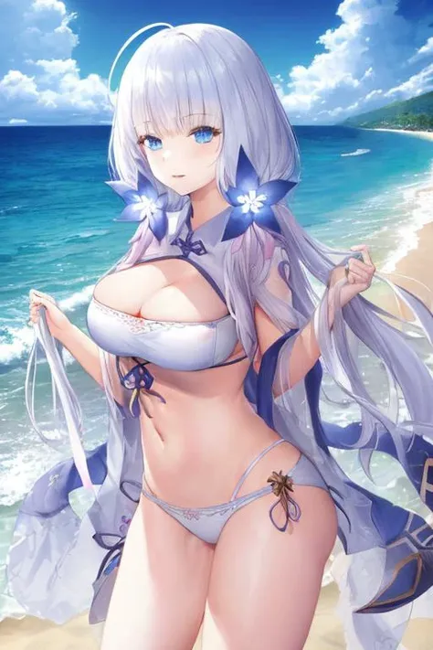 masterpiece, best quality, 1girl, illustrious (maiden lily's radiance) (azur lane), white hair, very long hair, blue eyes, hair ornaments, breasts, side-tie bikini bottom, bikini, no collar, ocean, beach,