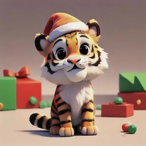 Super cute, extremely cute, little tiger , cutest ever, with santa hat and candy cane hyperrealistic,