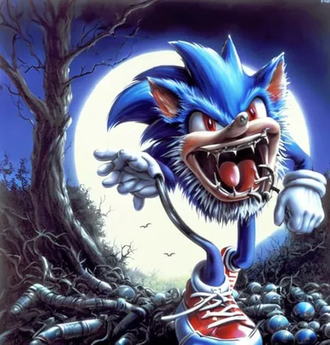 sonic, human skin mouth,  blue hedgehog spiny, detailed, blue skin, evil,  white gloves, red shoes,  ghastly, terrifying, creepy, ghastly, terrifying, creepy,((goosebumps art by tim jacobus)),