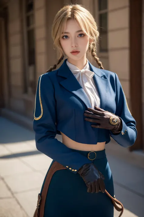 (Best Quality, Masterpiece:1.4), (Realism:1.2), (Realisitc:1.2), (Absurdres:1.2), (photorealistic:1.3), 1girl,Realistic Skin,Solo,( Very Big Eyes,beautiful detailed eyes, symmetric eyes), ((cowboy shot)),violetevergarden,violet evergarden,blonde hair,blue eyes,hair ribbon,ribbon,short hair,braids,hair braids,red ribbon BREAK blue jacket,brown gloves,cropped jacket,dress,gloves,green brooch,jacket,juliet sleeves,long sleeves,puffy sleeves,white dress BREAK outdoors,city BREAK looking at viewer,(cowboy shot:1.5) BREAK (masterpiece:1.2),best quality,high resolution,unity 8k wallpaper,(illustration:0.8),(beautiful detailed eyes:1.6),extremely detailed face,perfect lighting,extremely detailed CG,(perfect hands, perfect anatomy),<lora:violetevergarden-lora-nochekaiser:1>,