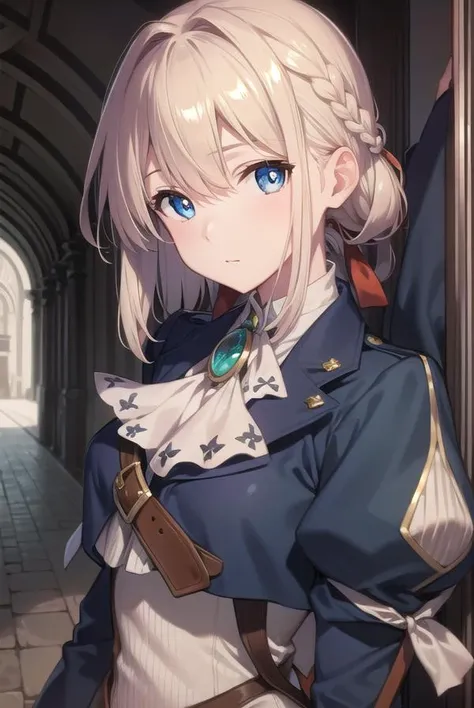 violetevergarden, <lora:violetevergardentest:1>,
violet evergarden, blonde hair, blue eyes, hair ribbon, ribbon, short hair, braids, hair braids, red ribbon, mature female,
BREAK blue jacket, brown gloves, cropped jacket, dress, gloves, green brooch, jacket, juliet sleeves, long sleeves, puffy sleeves, white dress,
BREAK looking at viewer,
BREAK outdoors, city,
BREAK <lora:GoodHands-vanilla:1>, (masterpiece:1.2), best quality, high resolution, unity 8k wallpaper, (illustration:0.8), (beautiful detailed eyes:1.6), extremely detailed face, perfect lighting, extremely detailed CG, (perfect hands, perfect anatomy),
