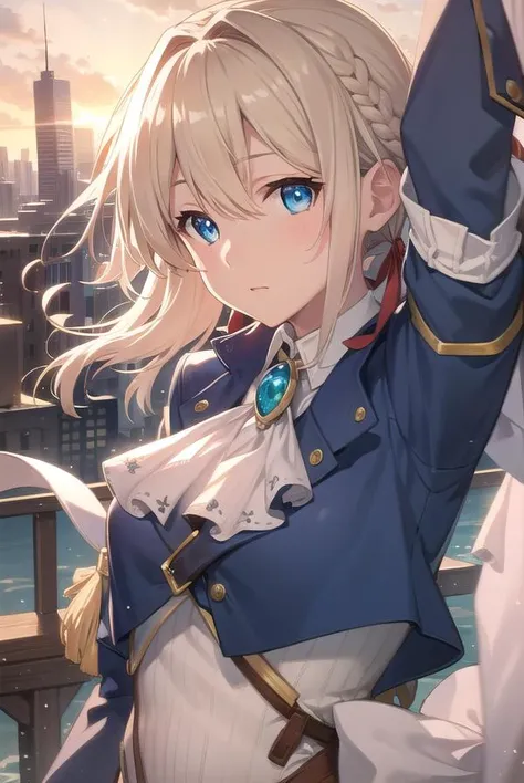 violetevergarden, <lora:violetevergardentest:1>,
violet evergarden, blonde hair, blue eyes, hair ribbon, ribbon, short hair, braids, hair braids, red ribbon, mature female,
BREAK blue jacket, brown gloves, cropped jacket, dress, gloves, green brooch, jacket, juliet sleeves, long sleeves, puffy sleeves, white dress,
BREAK looking at viewer,
BREAK outdoors, city,
BREAK <lora:GoodHands-vanilla:1>, (masterpiece:1.2), best quality, high resolution, unity 8k wallpaper, (illustration:0.8), (beautiful detailed eyes:1.6), extremely detailed face, perfect lighting, extremely detailed CG, (perfect hands, perfect anatomy),