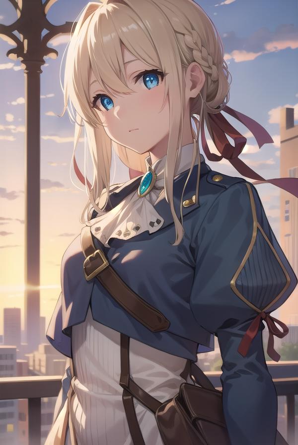 A woman with blonde hair and blue eyes standing in front of a city ...