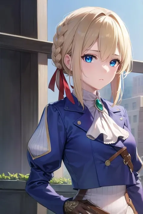 violetevergarden, <lora:violetevergarden-lora-nochekaiser:1>,
violet evergarden, blonde hair, blue eyes, hair ribbon, ribbon, short hair, braids, hair braids, red ribbon,
BREAK blue jacket, brown gloves, cropped jacket, dress, gloves, green brooch, jacket, juliet sleeves, long sleeves, puffy sleeves, white dress,
BREAK outdoors, city,
BREAK looking at viewer, (cowboy shot:1.5),
BREAK <lyco:GoodHands-beta2:1>, (masterpiece:1.2), best quality, high resolution, unity 8k wallpaper, (illustration:0.8), (beautiful detailed eyes:1.6), extremely detailed face, perfect lighting, extremely detailed CG, (perfect hands, perfect anatomy),