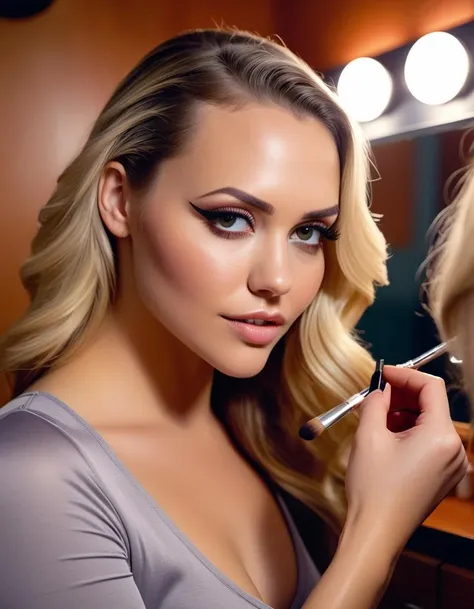 <lora:MiaMalkova:1> 1970 photo of  26 year old  Miamalkova, in the netherlands, in a dressing room doing her make-up , soft lighting, tack sharp, 4k, dslr