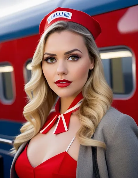 <lora:MiaMalkova:1> 1960 photo of  26 year old  Miamalkova, in iceland, as a ticket girl on the train , soft lighting, tack sharp, 4k, dslr