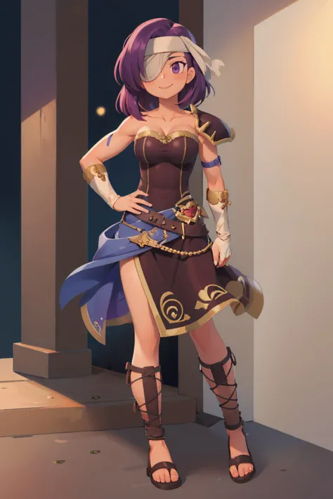 (masterpiece, best quality:1.2), solo, 1girl, femalice, smile, looking at viewer, purple hair, headband, eyepatch, single shoulder pad, cleavage, vambraces, brown dress, belt, toned body, sandals <lora:malice-nvwls-v1:1>
