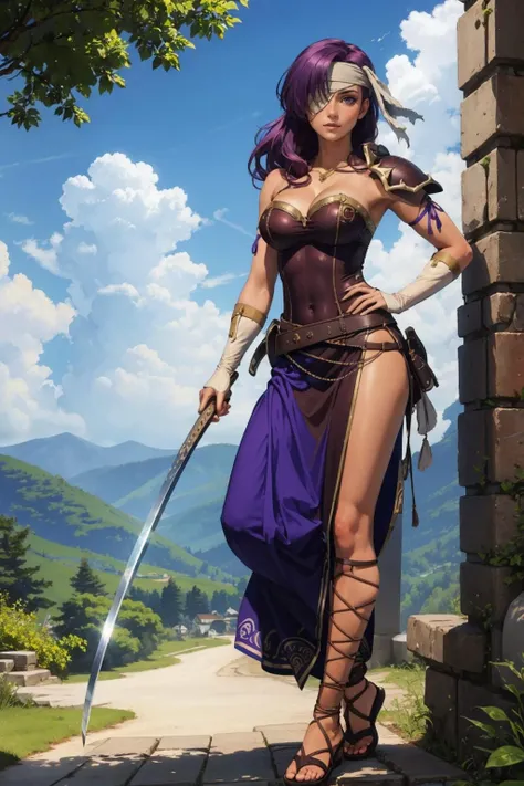 masterpiece, best quality, defsonya, circlet, purple cape, earrings, cleavage, red dress, black gloves, black thighhighs, high heels, walking, stone stairs, rock formations, sky, clouds, hands to hips 
