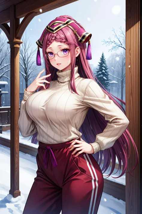 masterpiece, best quality, <lora:feloki-nvwls-v1-000008:0.9> defLoki, purple eyes, headdress, large breasts, turtleneck sweater, winter, sweatpants, glasses, snow