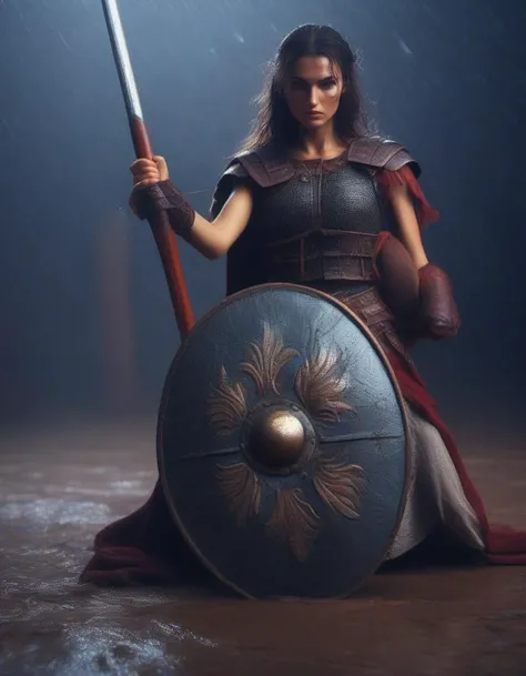 (Gorgeous Photo:1.6) female Romanian gladia stands over defeated opponent,spear,cracked shield,rain,((photo in style Marco Pandullo)),(cinematic photo),18mm f/11 photograph,film,bokeh,professional,4k,(highly detailed),colorful,<lora:sdxl_lora_gladia:1>,