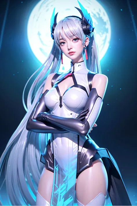 <lora:Airi_Heavenly_striker_v4:0.4>, Airi_AoV_HS, 1girl, (28s:1.4), solo, white hair, bangs, long hair, very long hair, twin tail, headband, black headband, cyber headband, horns, eyelashes, long eyelashes, eyeliner, sharp eyelids, blue eyes, makeup, lips, earrings, red earrings, head, face, smile, close mouth, breasts, (large breasts:1.2), bodysuit, white/black bodysuit, leotard, cybernetic leotard, bare shoulders, shoulder armor, white/black shoulder armor, transparent shoulder armor, arm armor, gloves, gray gloves, thighs, white thighs, stockings, cyber tights, boots, long boots, platform shoes, standing, full body, white blackground, outdoors, sky, cloud, water, tree, bird, cloudy sky, building, scenery, light particles, reflection, fantasy, castle, tower, (mature female:1.4), <lora:add_detail:1>