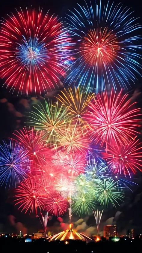 smoke,A dazzling display of fireworks bursting high in the sky, filling the frame with a kaleidoscope of colors. Vivid reds, blues, greens, and yellows explode in intricate patterns, creating a tapestry of light against the dark night canvas. The absence of any buildings or structures in the image emphasizes the vastness of the sky, allowing the fireworks to take center stage. The scene captures the fireworks at their peak, with trails of light cascading down like falling stars, and the gentle glow of the explosions illuminating the surrounding clouds <lora:fw99:0.75>