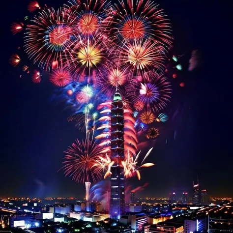 hd,high quality,smoke,A stunningly realistic photograph of towering skyscrapers set against a night sky, illuminated by a spectacular fireworks display. The fireworks burst in a symphony of colors, casting vibrant reflections on the building's glass facades. The scene captures the intricate play of light and shadow, highlighting the architectural details of the skyscrapers. The city's lights twinkle below, adding to the intricate realism. The image is sharp, with attention to the textures of the buildings and the dynamic, luminous trails of the fireworks, creating a breathtaking and vivid portrayal of an urban celebration, <lora:fw99:0.75>  , <lora:Long_Exposure_XL-KK:0.5> long exposure, expo <lora:SDS_Contrast tool_XL:-0.8>