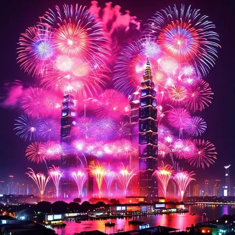 smoke,In a vividly realistic cyberpunk cityscape, a spectacular fireworks display lights up the night sky. The scene captures towering neon-lit skyscrapers, streets buzzing with futuristic vehicles, and holographic advertisements casting a kaleidoscopic glow. In the foreground, a bustling crowd, clad in eclectic cyberpunk fashion, watches in awe. The fireworks, a blend of brilliant colors and intricate patterns, reflect off the glass facades of the buildings and the glossy surfaces of the surrounding high-tech infrastructure. The atmosphere is electric, combining the gritty, neon-soaked aesthetic of cyberpunk with the celebratory excitement of a grand fireworks show, <lora:fw99:0.75>