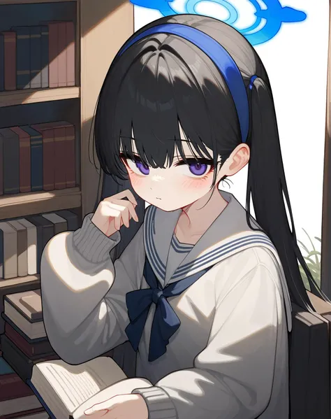 (score_9,score_8_up,score_7_up,score_6_up,score_5_up,score_4_up),(ciloranko:1.3), 1girl, ui (blue archive), solo, book, long hair, black hair, holding book, holding, hairband, bangs, bags under eyes, blue hairband, sailor collar, blush, long sleeves, looking at viewer, cardigan, closed mouth, white sailor collar, hair between eyes, school uniform, halo, upper body, serafuku, grey cardigan, very long hair, open book, blue eyes, purple eyes, shirt, crossed bangs, ribbon, black undershirt, twintails, bookshelf, brown cardigan, white serafuku, tianliang duohe fangdongye