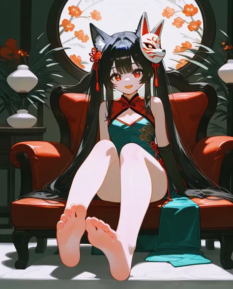 (score_9,score_8_up,score_7_up,score_6_up,score_5_up,score_4_up),1girl,feet,barefoot,twintails,soles,long_hair,legs_up,toes,solo,chinese_clothes,open_mouth,legs,jewelry,mask,smile,fox_mask,brown_hair,sitting,dress,chair,china_dress,gloves,red_eyes,very_long_hair,official_alternate_costume,bangs,ribbon,black_gloves,looking_at_viewer, nsfw, nearly nude,