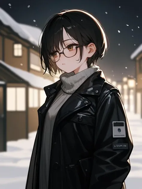 brown eyes, black hair, 1girl, black leather jacket, black pants, portrait, outdoors, semi-rimless eyewear, upper body, dramatic shadows, cinematic lighting, moody, cozy, lonely, looking away, bedroom, night, short hair, snow,smartphone,, score_9, score_8_up, score_7_up, score_6_up,uncensored, very aesthetic, rating_explicit, rating_questionable, high resolution, extreme detail, BREAK,