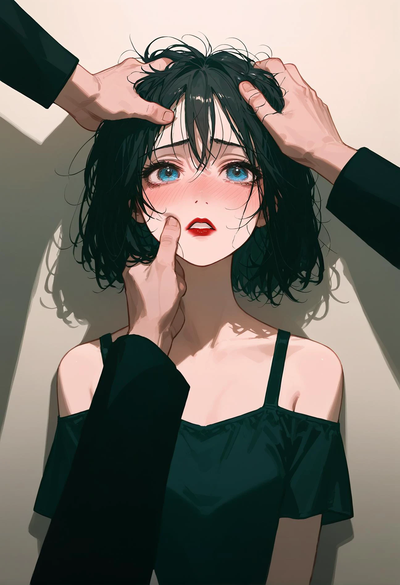 (score_9,score_8_up,score_7_up), (masterpiece, highres), cinematic lighting, dark, chiaroscuro, night, (high contrast), Break, 1girl, messy hair, blue eyes, dread, (broken), sad, depressed, depressing, medium hair, (red strings), vibrant color, parted lips, red lipstick, blush, surrounded by puppets, back against wall, another's hand on face, another's hand on head, hands from offscreen, hand around throat, many hands, choking