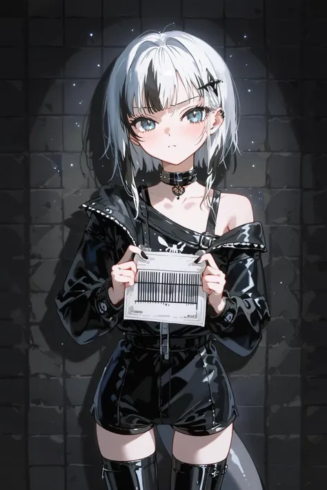 score_9, score_8_up, score_7_up, source_anime, 1girl, (gawr gura:1.1) as a rebellious goth girl, shark tail, (mugshot:1.1), (holding criminal placard, holding_up identification placard:1.1), arrested, in the prison environment, looking at viewer, (atmospheric:1.1),
BREAK
stylish cool girl, pouting, bored look, slim slender figure, blushing, disgusted, medium hair, trendy goth streetwear, lowrise shorts, thighhigh stockings, leather boots, off-shoulder punk jacket, choker,
BREAK
(white hair:1.1) with streaks, bokeh, dreamy background, highly detailed, absurdres, sensual, pastel-goth aesthetic, dramatic lighting, deep shadows, detailed skin, hair ornament, 1990s \\(style\\), vintage, mystical fog, black rose, intricate wall background,
<lora:guraXL:0.6>, <lora:add-detail-xl:-0.6>, <lora:OldAnimeStyle_XL_v3:0.5>, <lora:yoneyama_mai_pd:0.8>