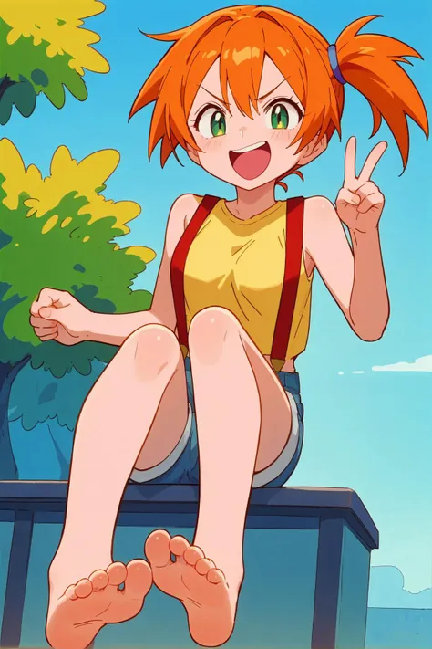 score_9, score_8_up, masterpiece, best quality, 
1girl, <lora:Misty:1>, misty,  solo, outdoors, green eyes, orange hair, side ponytail, yellow shirt, sleeveless shirt, denim shorts, suspenders, laughing,
,
(playful and mischievous expression, a seductive look, a come-hither expression), (cheeky look, self-satisfied, smirking, sly, cunning expression), (open mouth),
indoor, art gallery ,  ((bare feet)), closed up soles,<lora:feet_anime_xl_v1c:0.5>